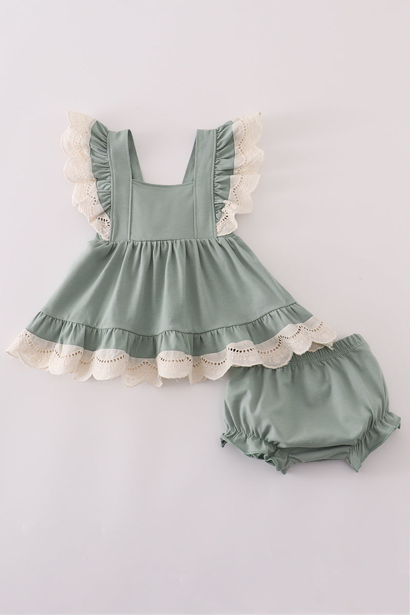 Sage lace ruffle bloomer set