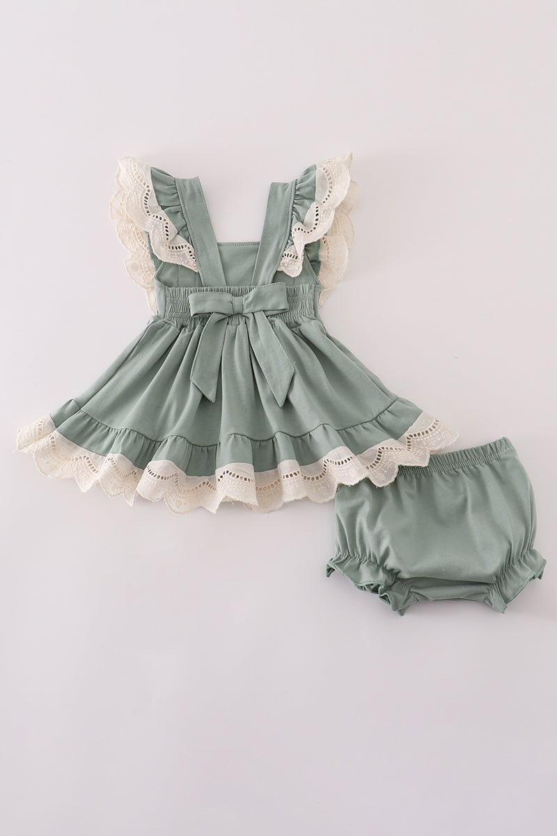 Sage lace ruffle bloomer set