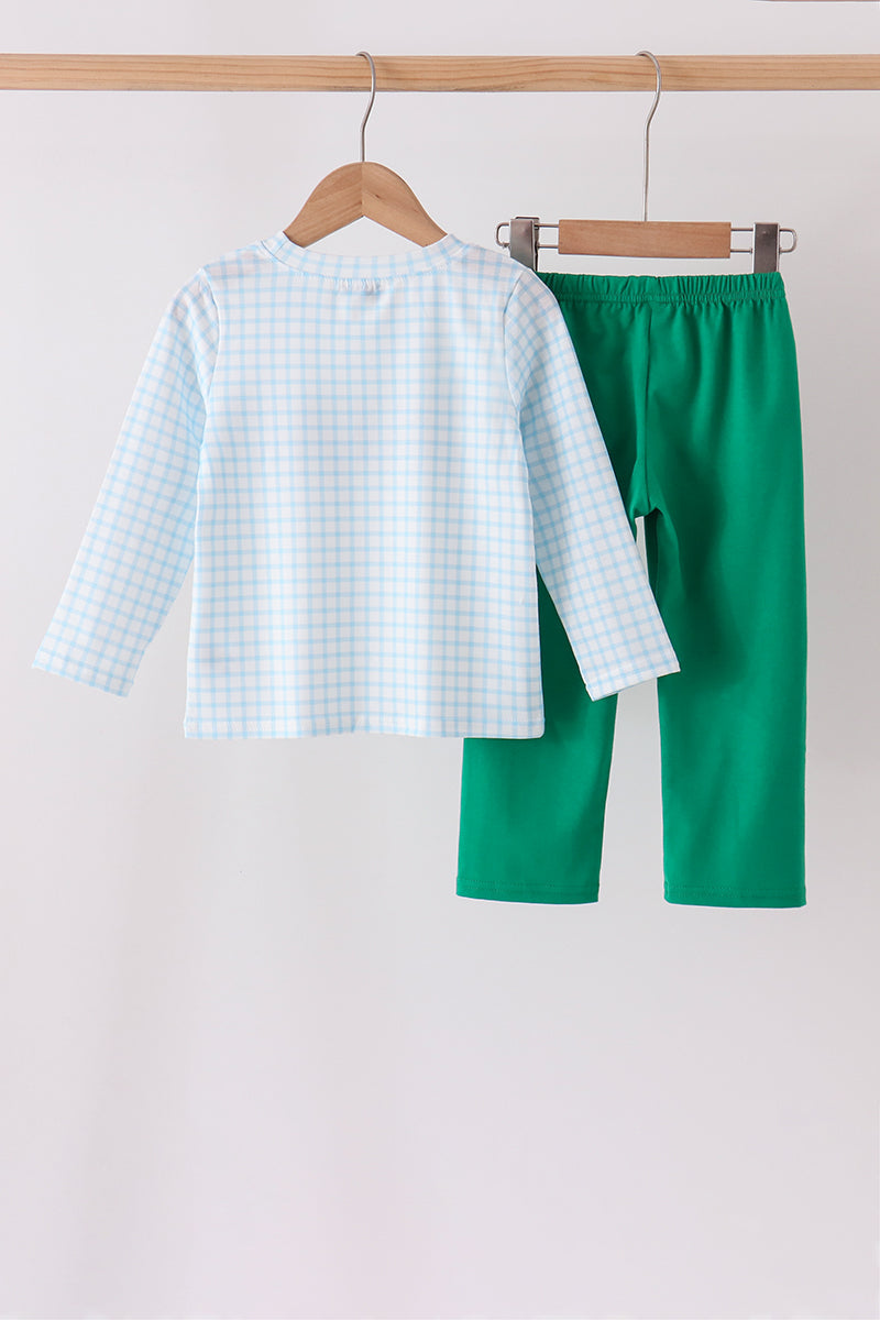 Blue Plaid Gingerbread Embroidery Pants Set