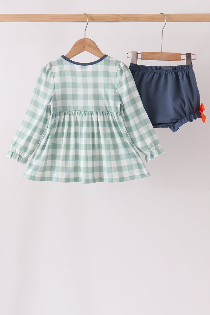 Sage Turkey Embroidery Gingham Ruffle Bloomer Set