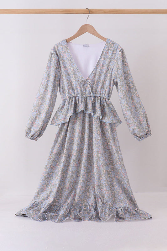 Blue Floral Ruffle Mom Dress