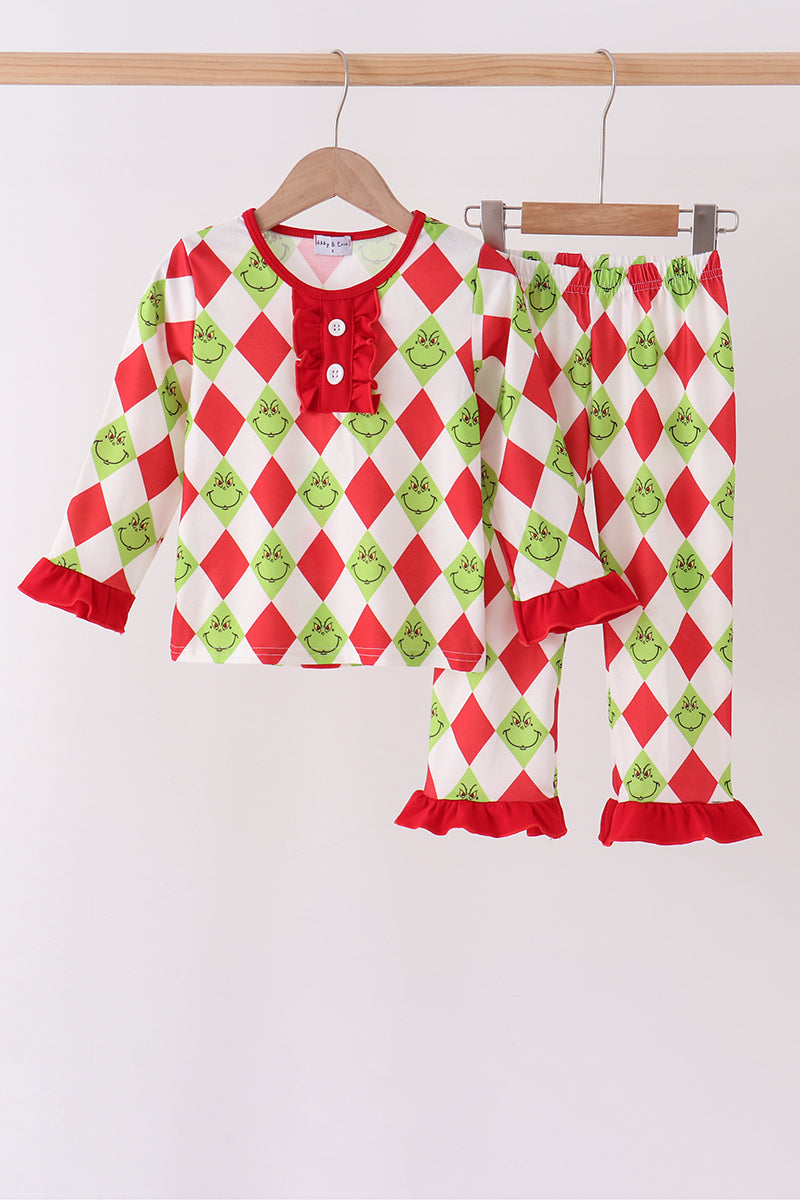 Red grinch print ruffle pajama set
