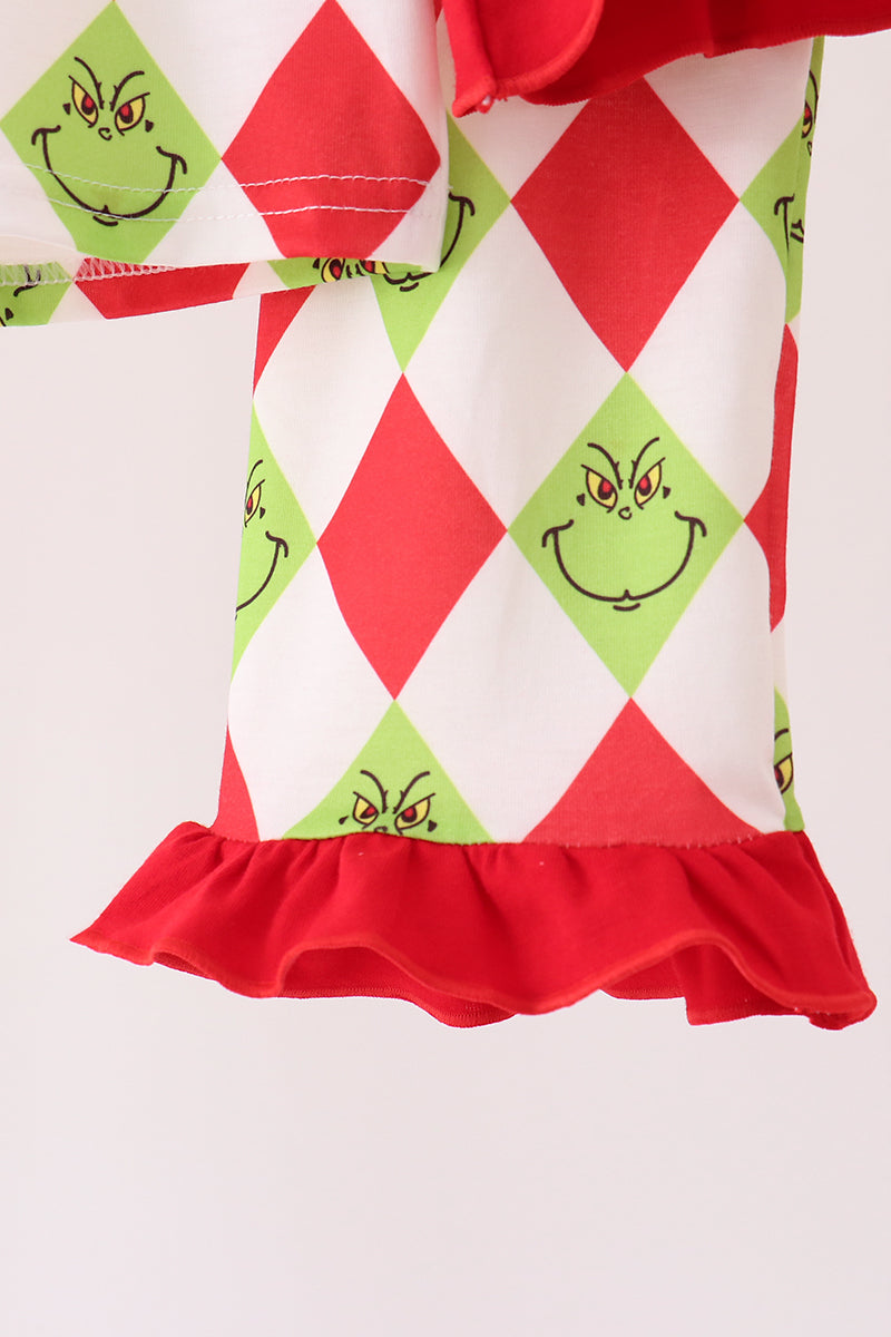Red grinch print ruffle pajama set