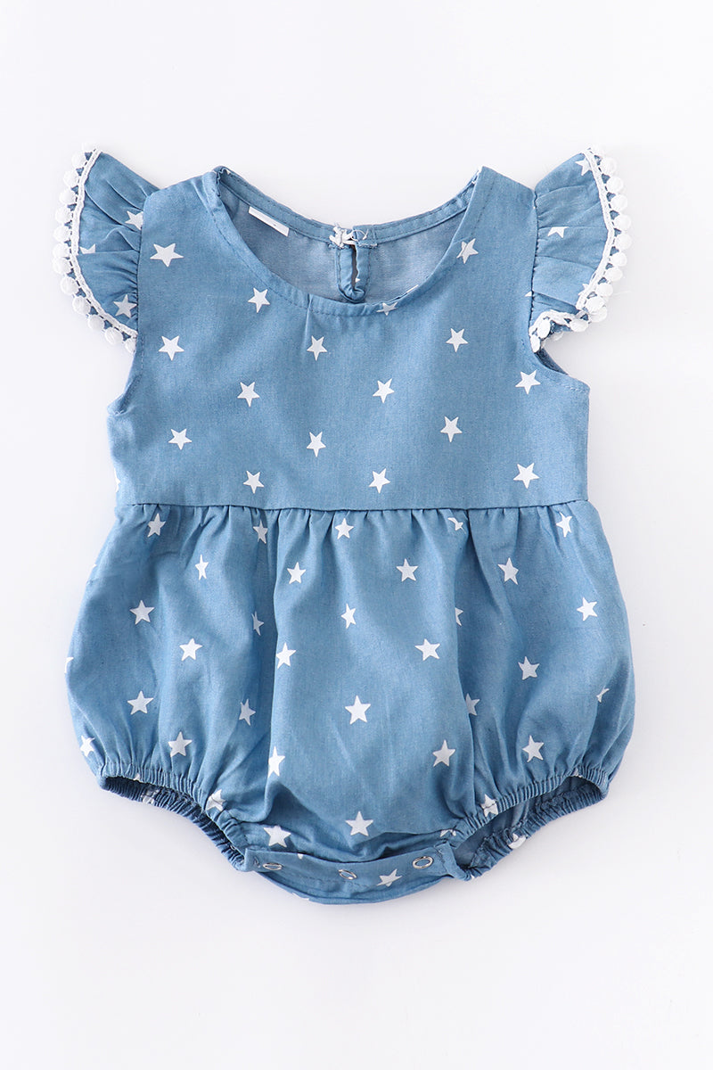 Navy star pom pom girl romper