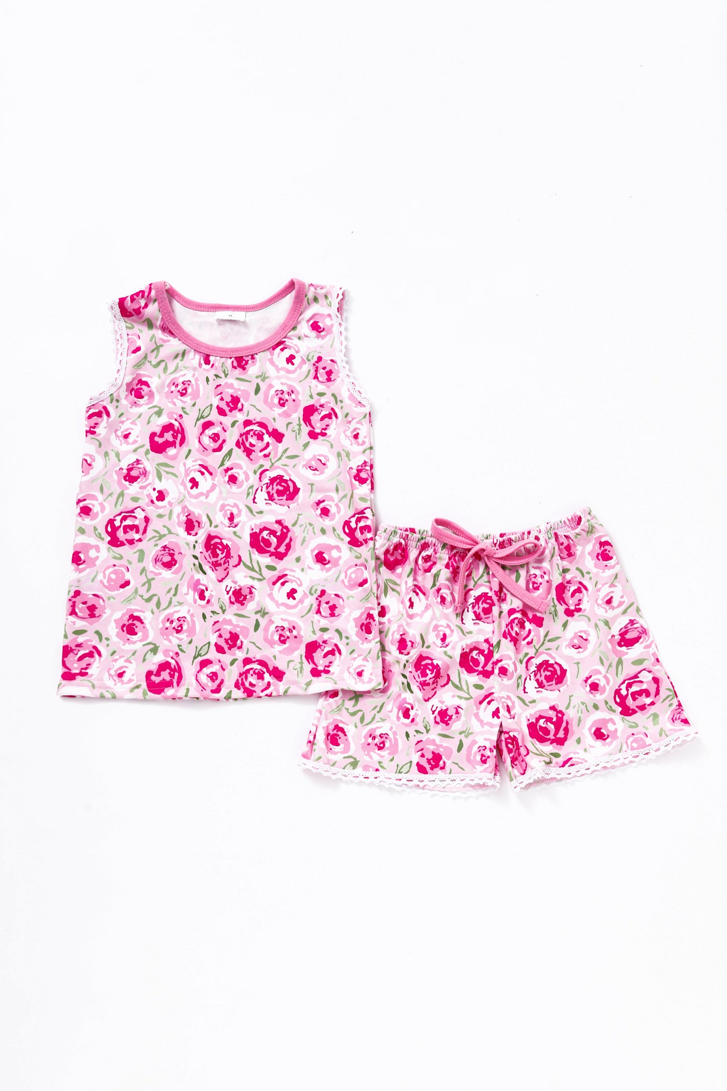 Pink floral print lace girl shorts set