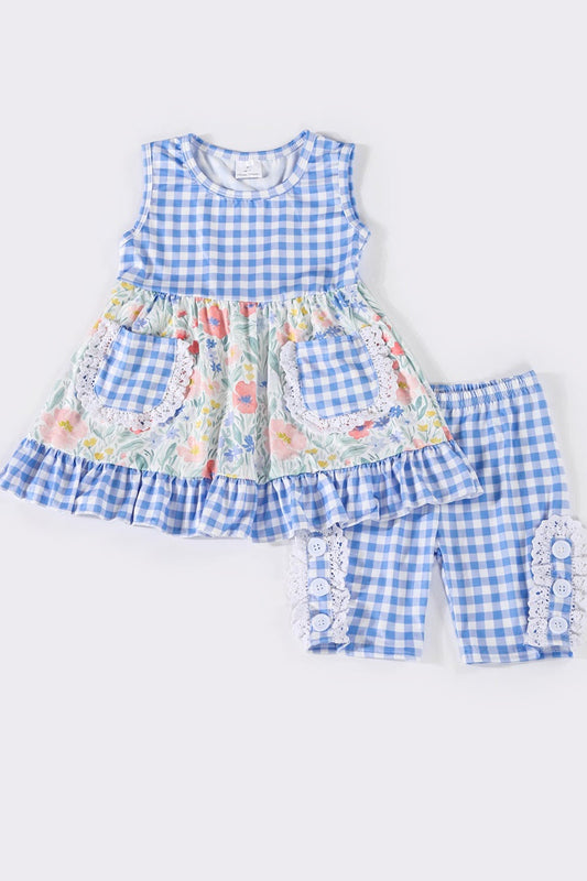 Blue floral plaid pocket girl set