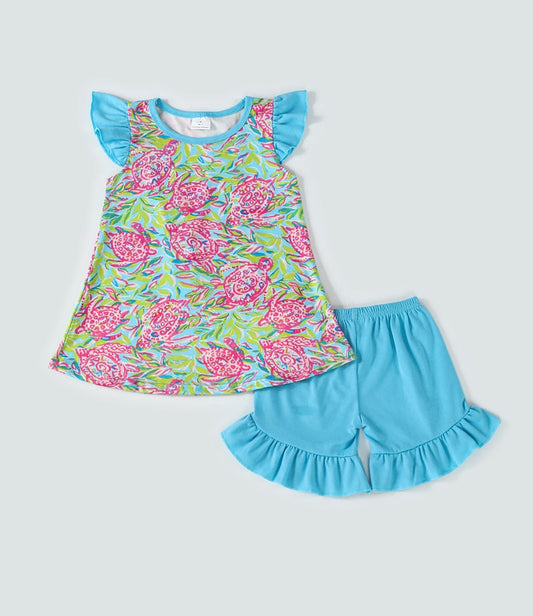 Green turtle print girl set