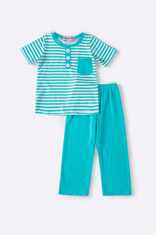 Teal stripe boy pants set