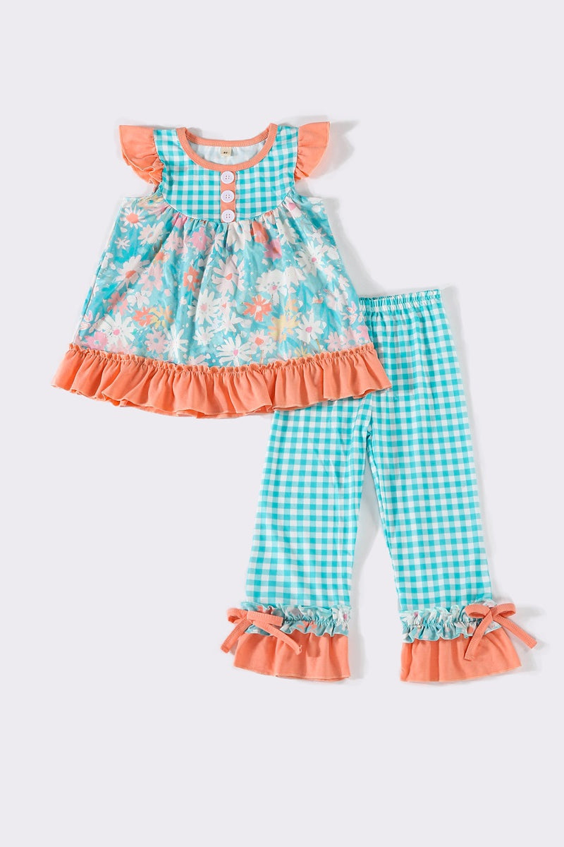 Mint plaid floral ruffle set