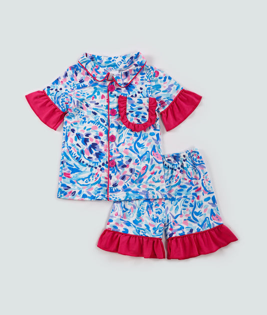 Floral print girl ruffle shorts set