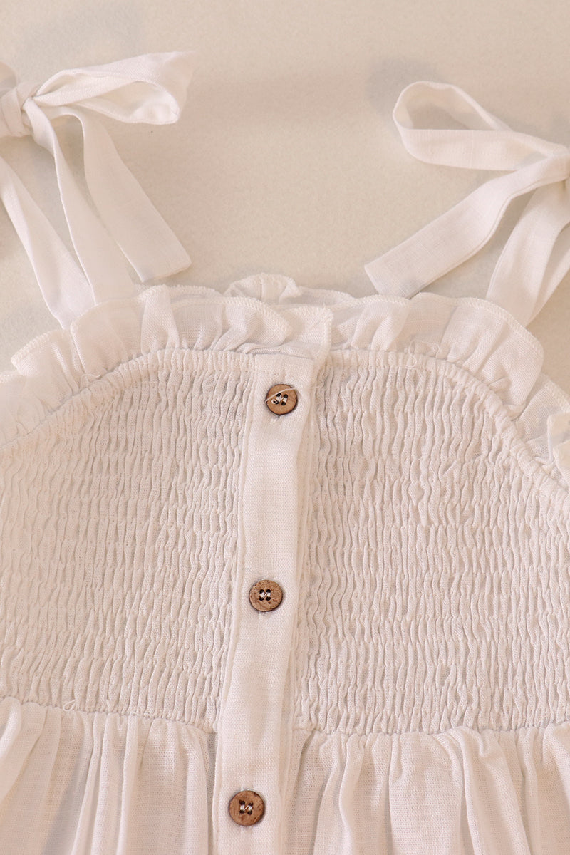 White linen smocked button dress