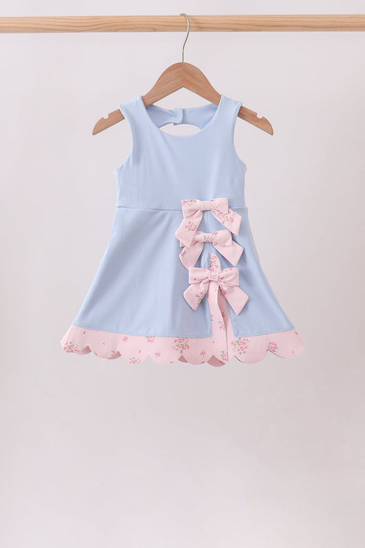 Blue Performance Bow Sash Scalloped Dress