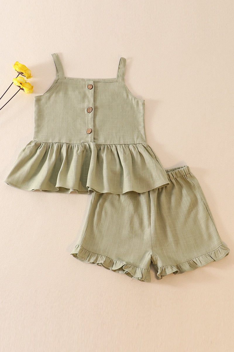 Green linen ruffle 2pc girl set