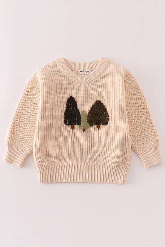 White hand-embroidery christmas tree pullover sweater