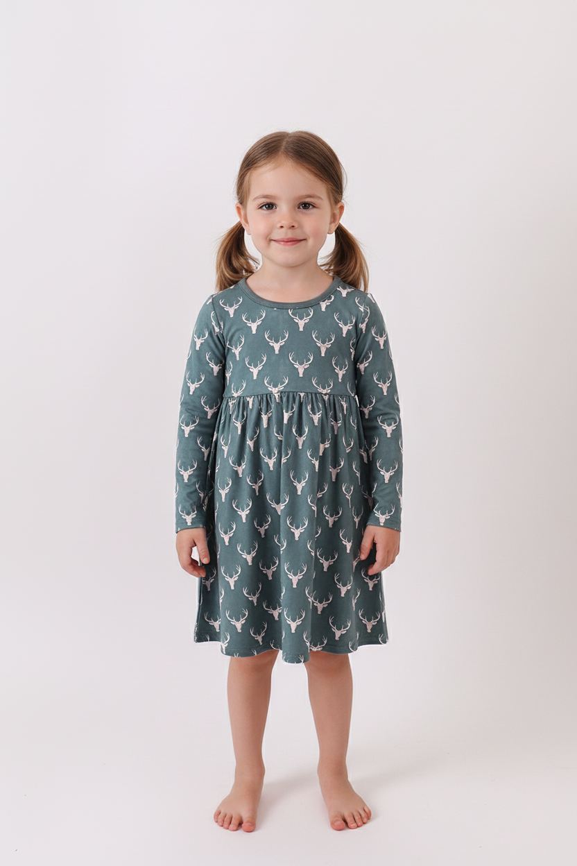 Premium forest reindeer print bamboo dress
