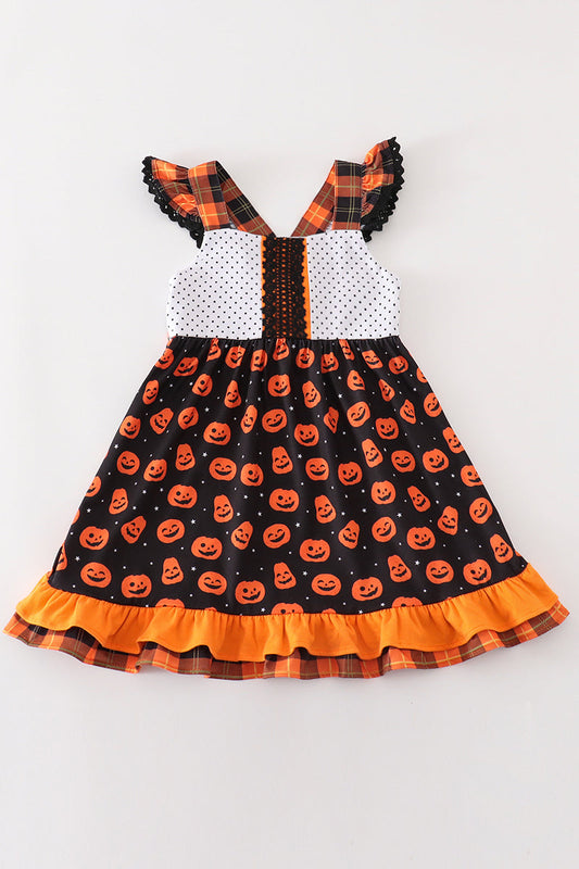 Premium Orange halloween pumpkin ruffle dress