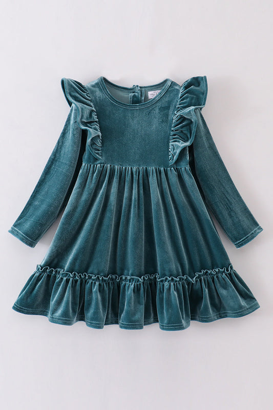 Premium Teal velvet ruffle dress