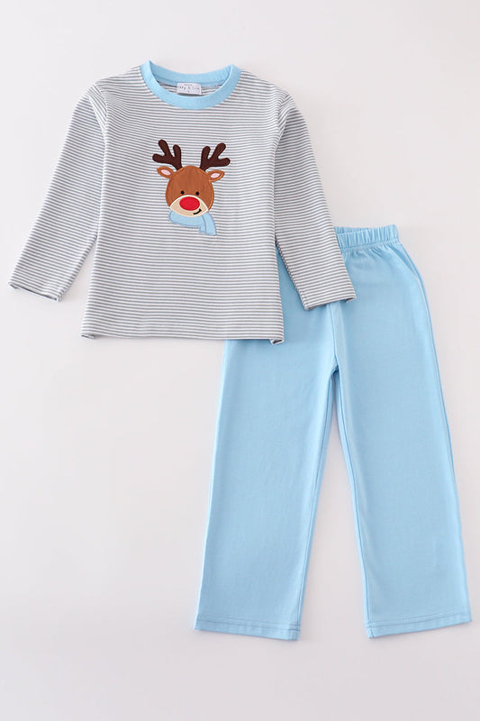 Premium blue stripe christmas deer applique boy set