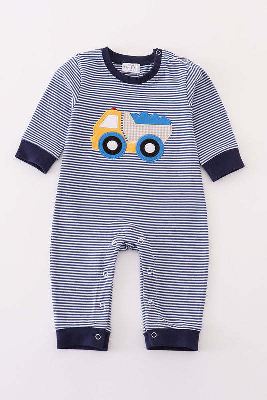 Premium navy stripe truck applique boy romper