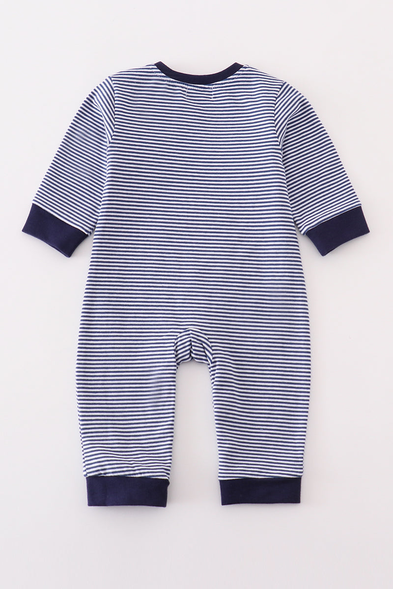 Premium navy stripe truck applique boy romper