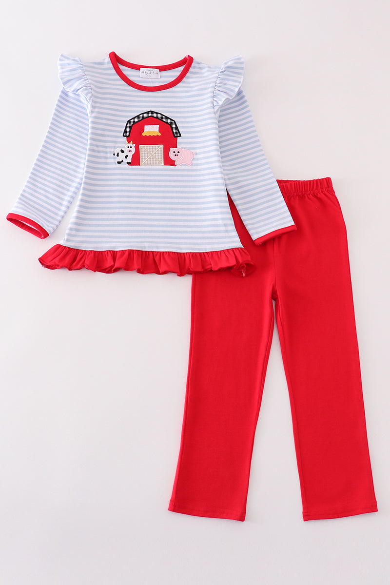 Premium red stripe farm applique girl set