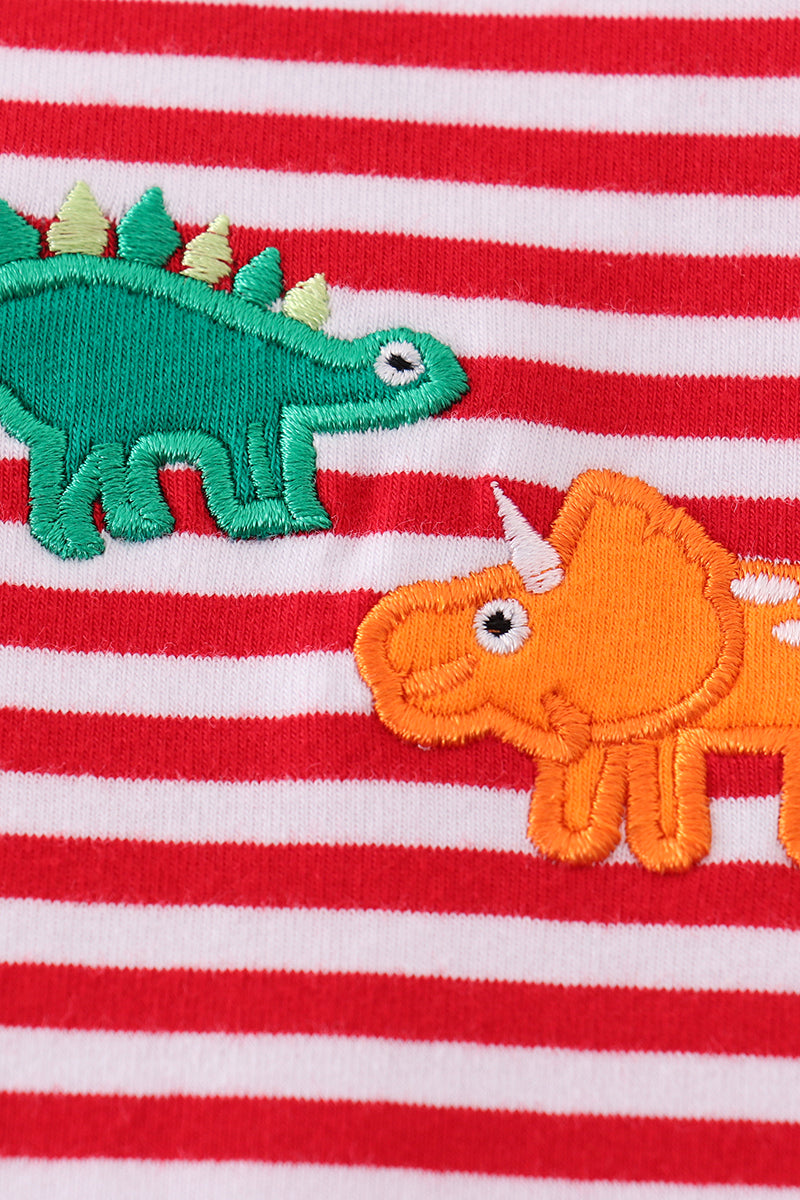 Premium red stripe dinosaur applique girl romper