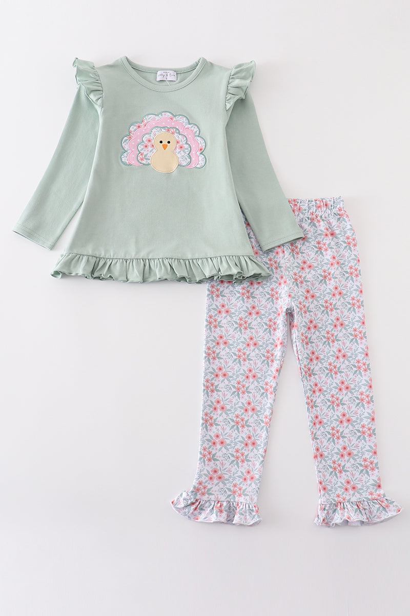 Premium Green turkey applique girl pants set