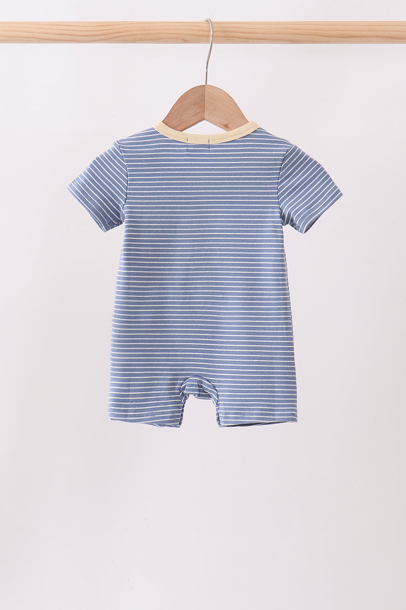 Blue stripe truck embroidery romper