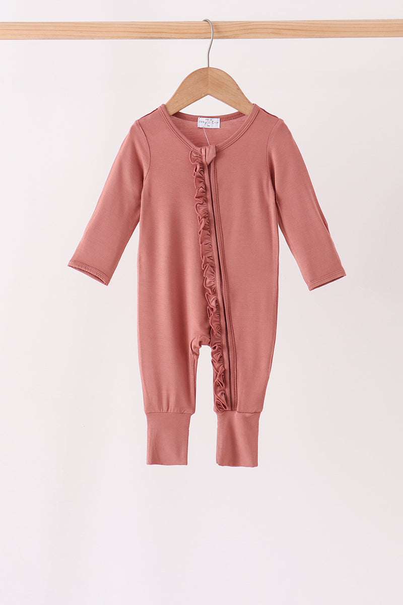 Dusty rose ruffle zipper bamboo romper – wholesale for boutiques | Honeydew USA