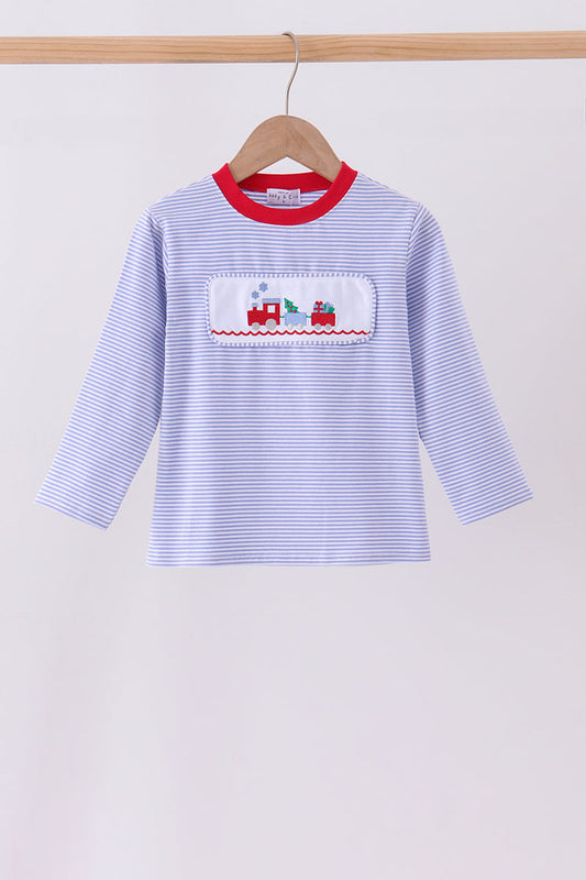 Blue stripe christmas tree train embroidery top