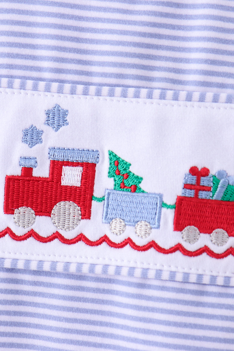Blue stripe christmas tree train embroidery top