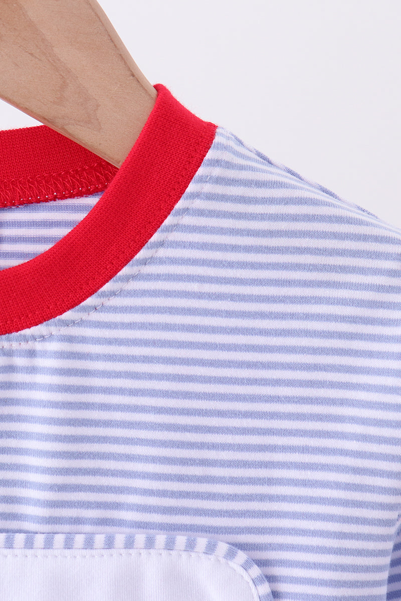 Blue stripe christmas tree train embroidery top