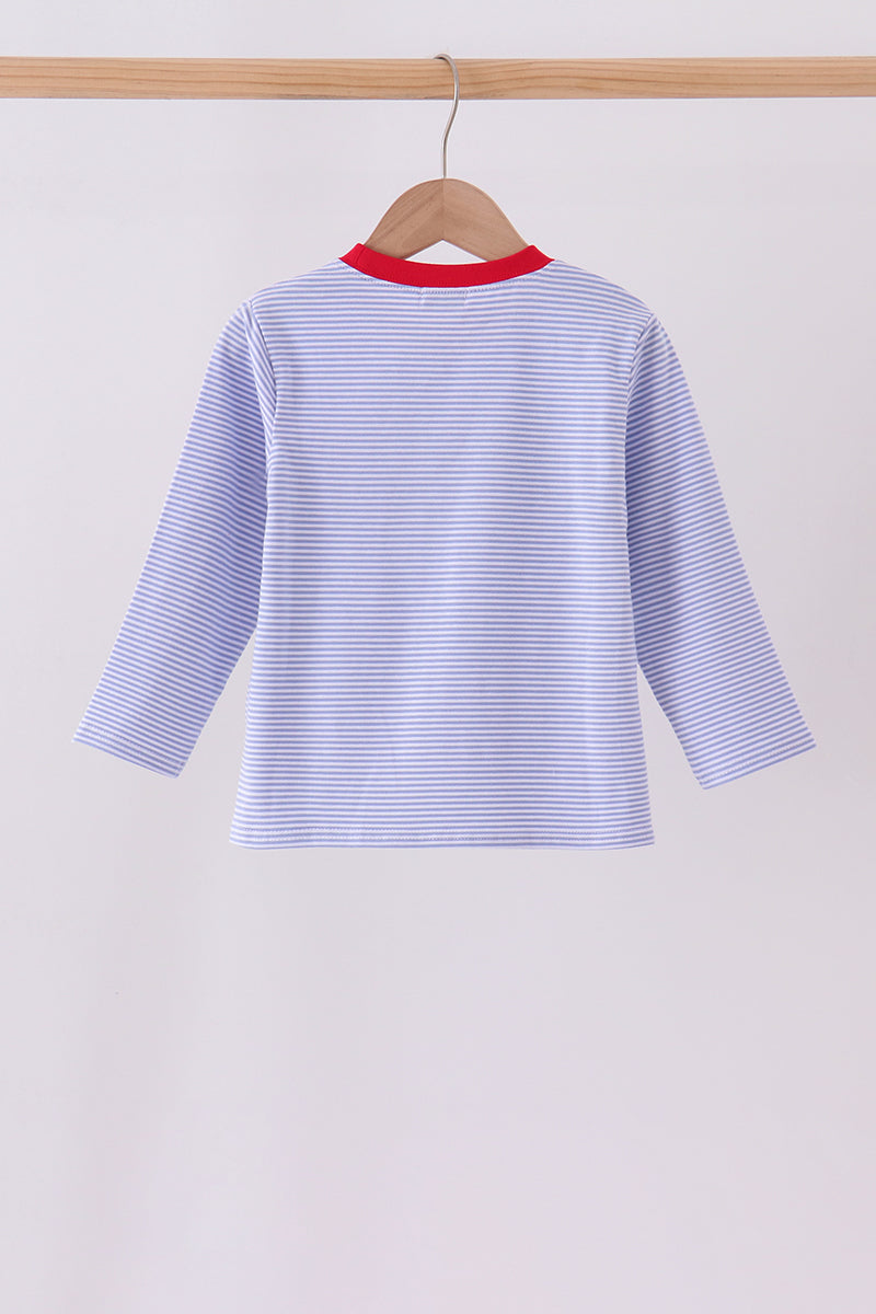 Blue stripe christmas tree train embroidery top