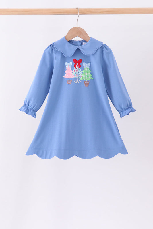 Blue christmas tree applique scalloped dress