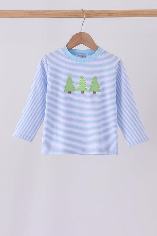 Blue stripe christmas tree embroidery top
