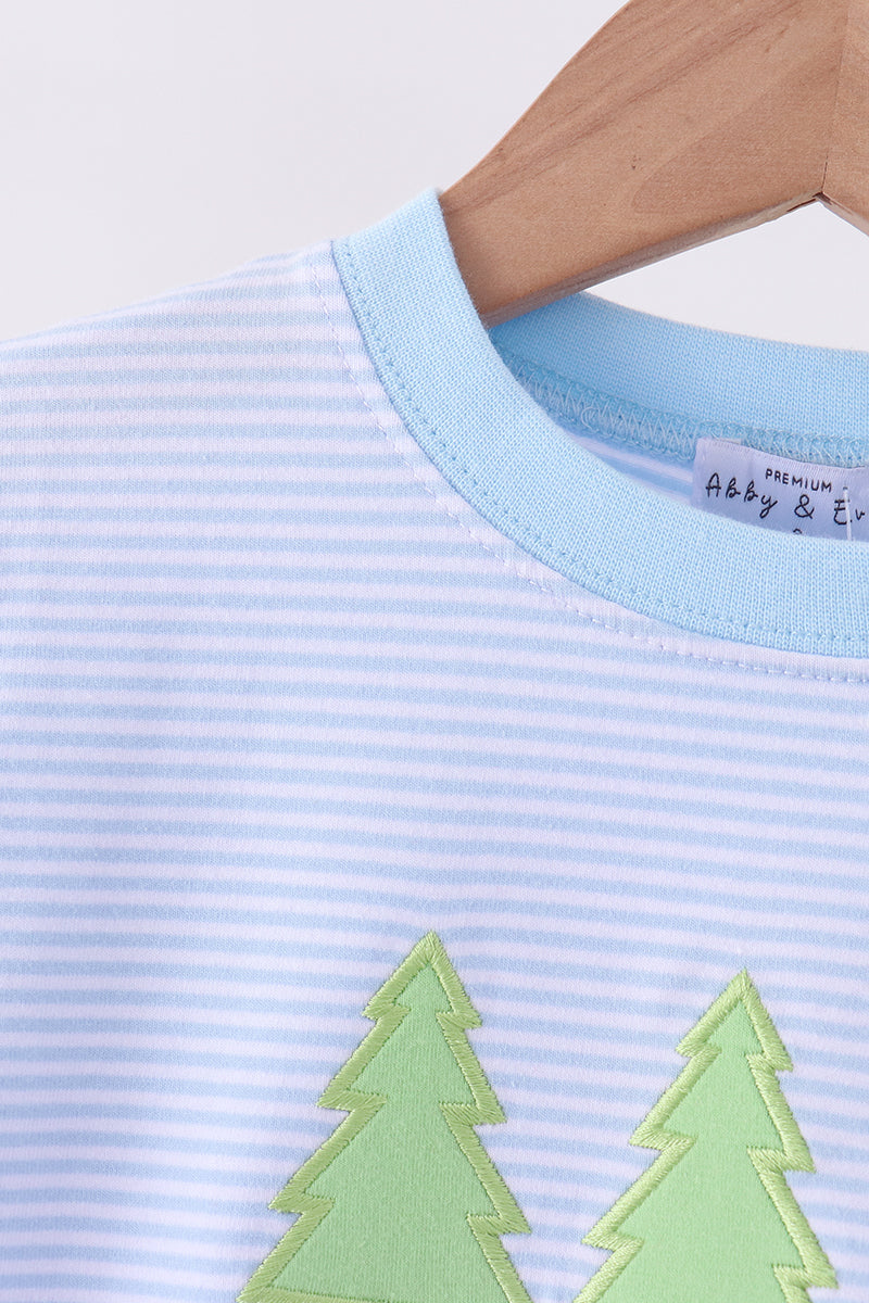 Blue stripe christmas tree embroidery top