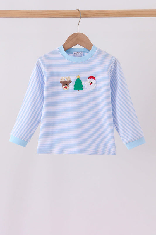 Blue stripe santa claus embroidery top