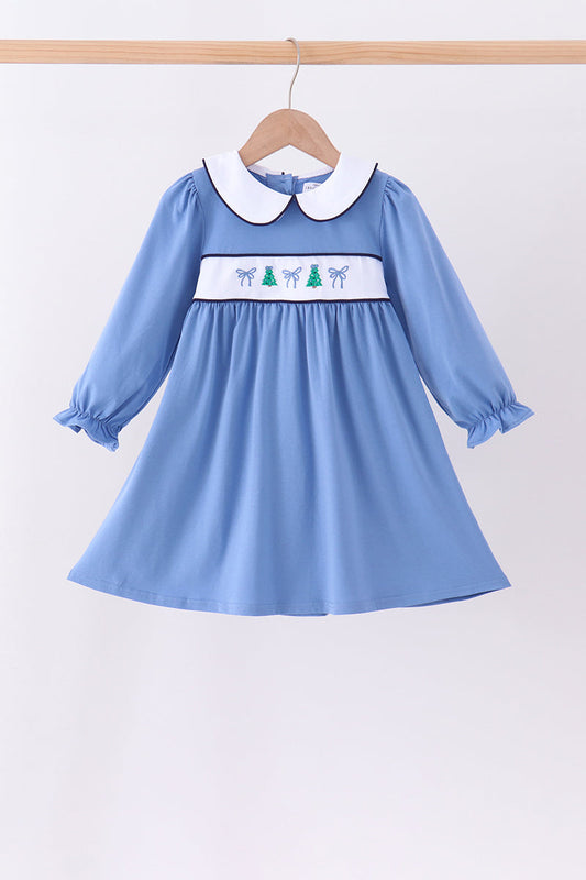 Blue christmas tree embroidery dress