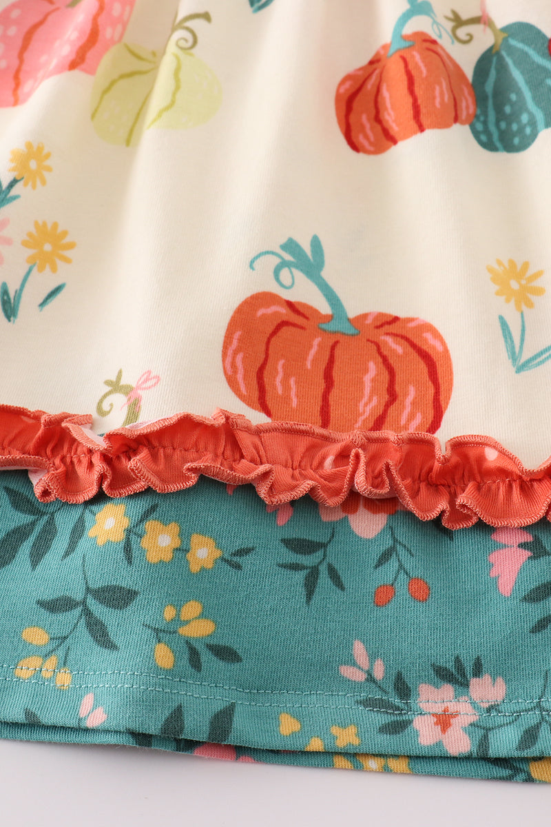 Platinum pumpkin print ruffle apron dress