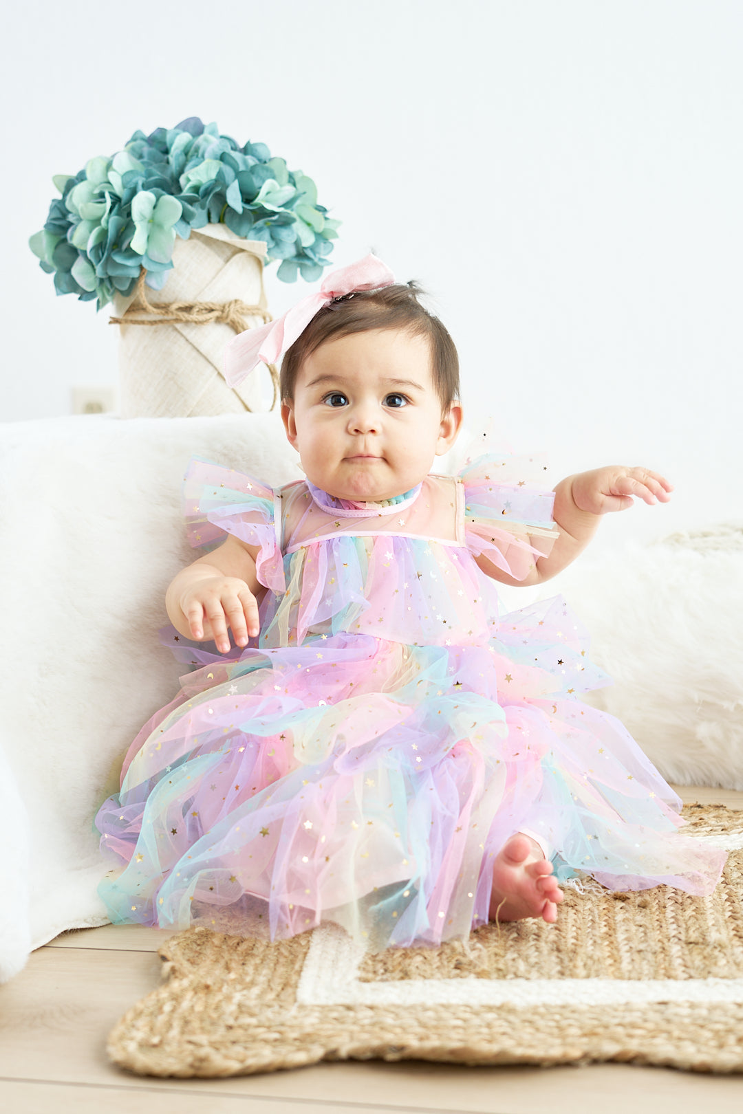 Rainbow star tiered ruffle tulle dress