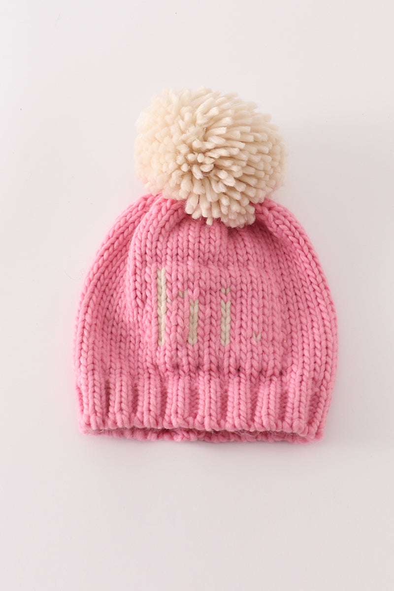 Pink pompom hi cable beanie