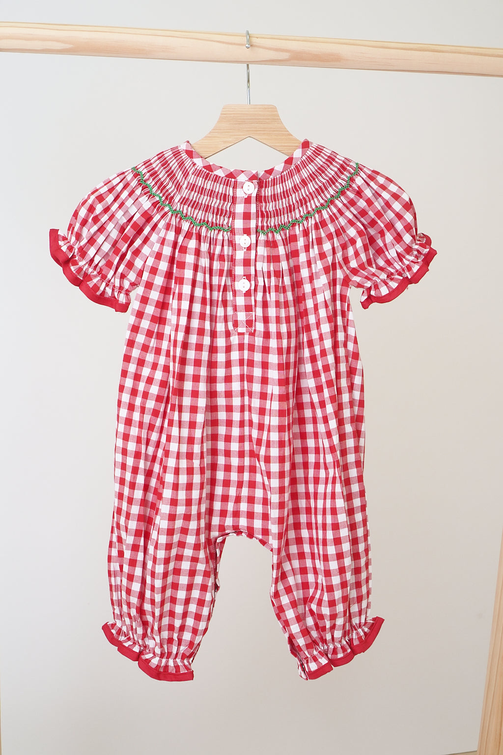 Red christmas tree hand smocked gingham romper