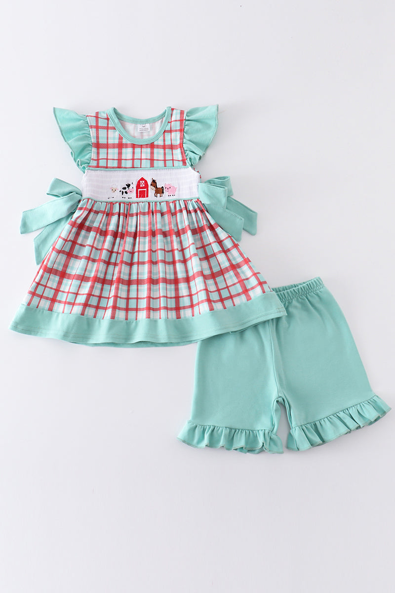 Mint plaid farm embroidery smocked girl set