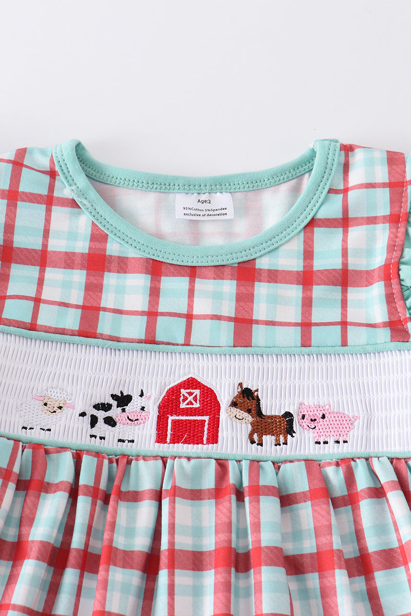 Mint plaid farm embroidery smocked girl set