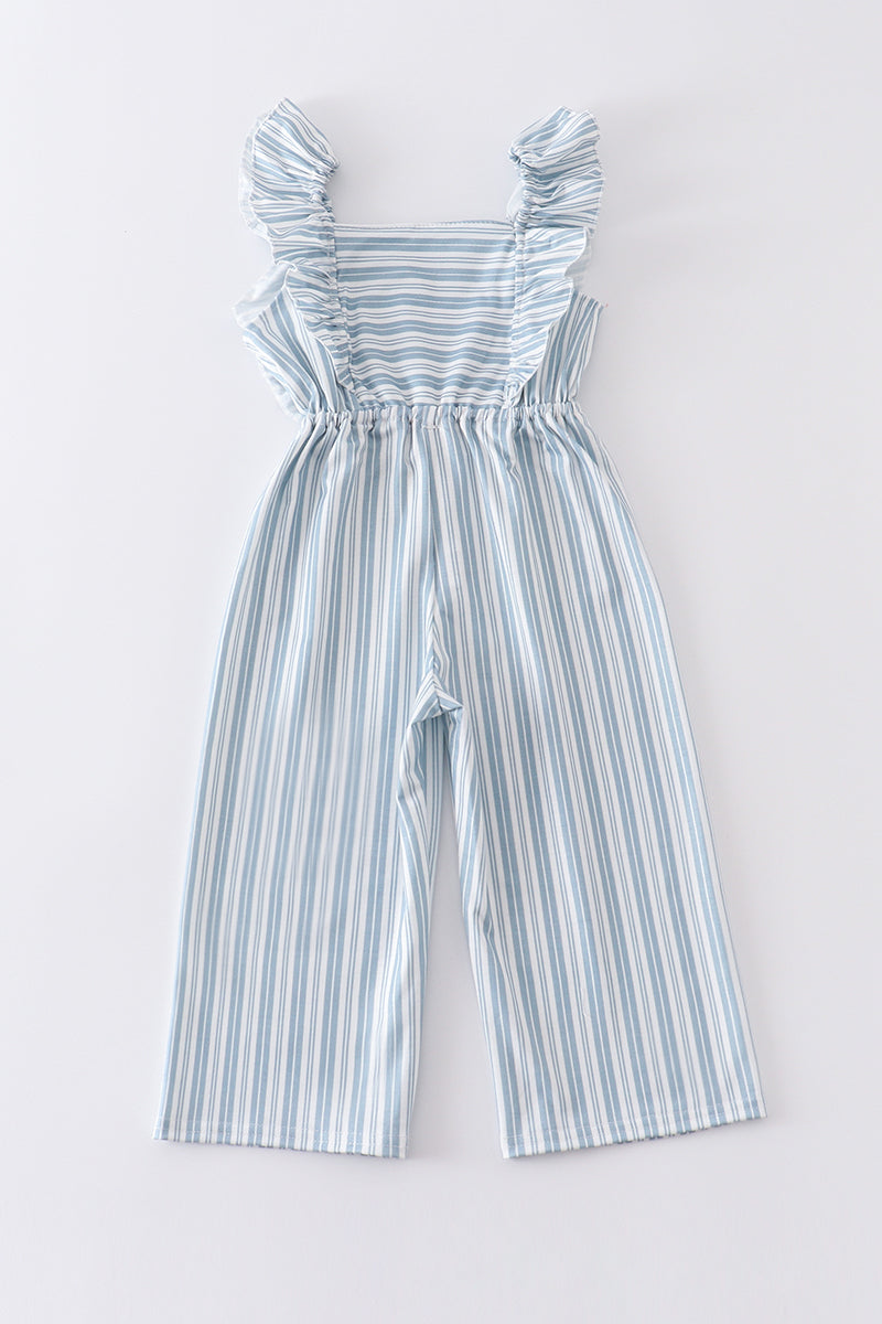 Blue stripe smocked girl jumpsuit