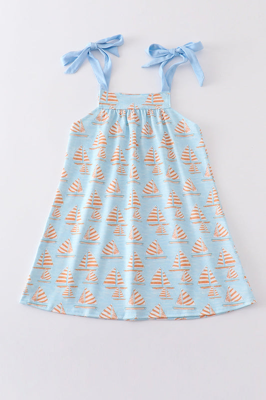 Blue sailboat print girl dress