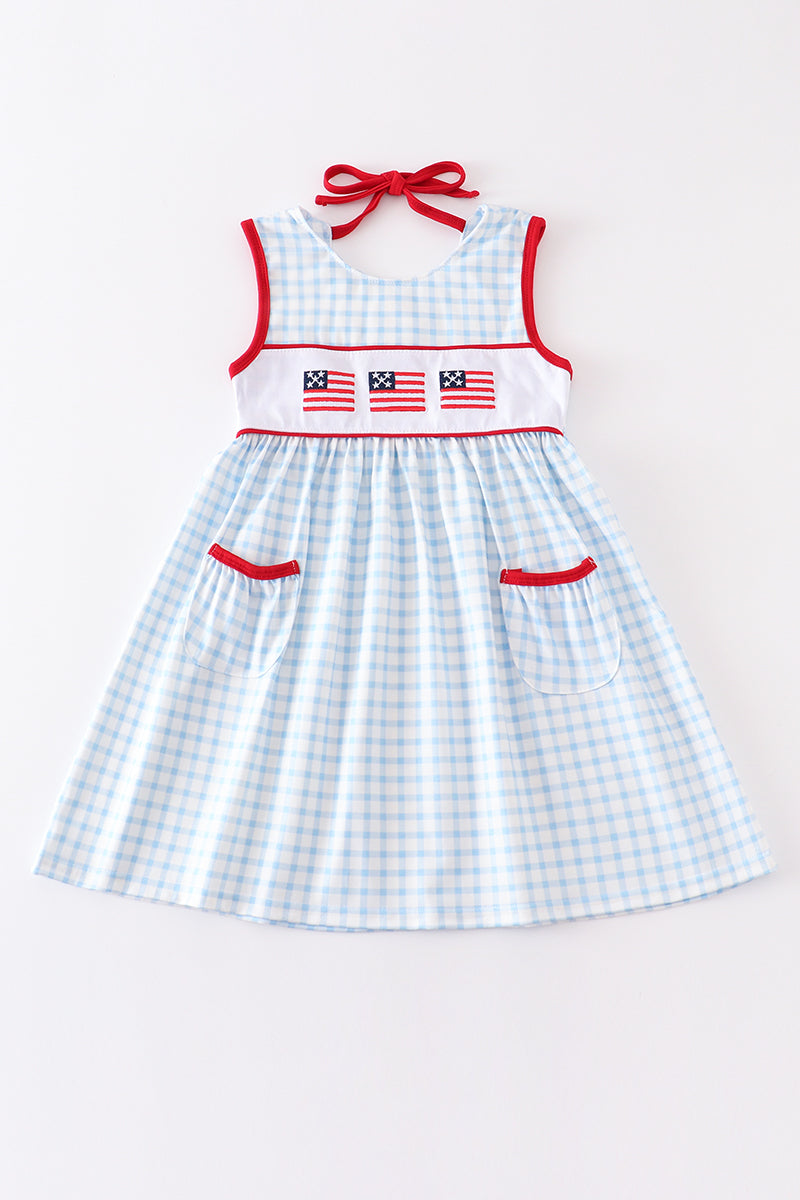 Patriotic flag embroidery plaid pocket dress