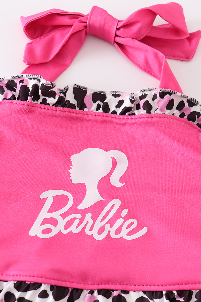 Pink barbie print leopard 2pc girl swimsuit