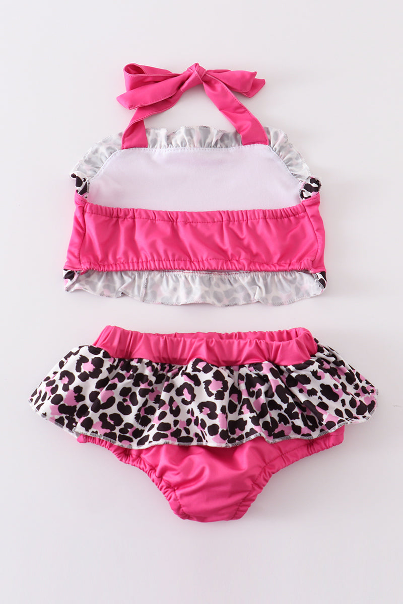 Pink barbie print leopard 2pc girl swimsuit