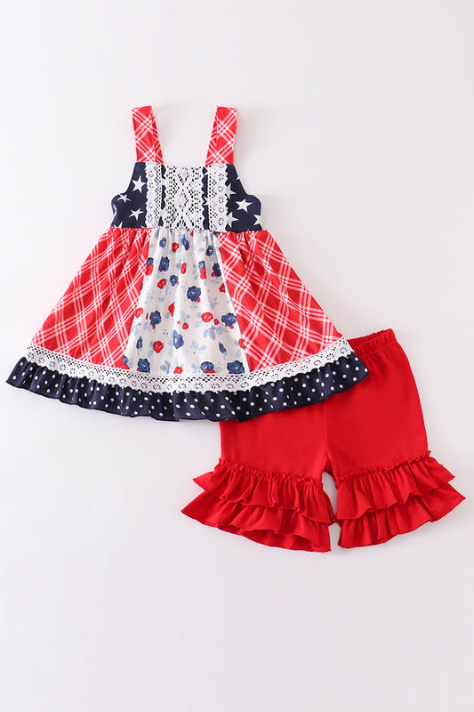 Patriotic floral plaid lace girl set